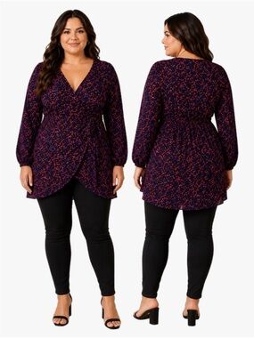 Cato Plus Size 18/20 Multi Color Leopard Tunic Blouse Long Sleeve Surplice Top